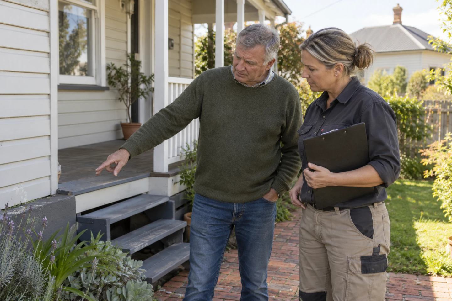 A builder and homeowner talking outside a weatherboard house