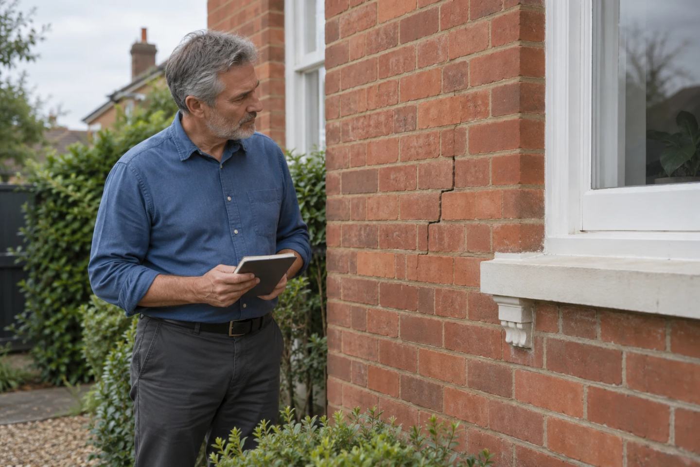 A person examining a stepped crack in brickwork from outside the house